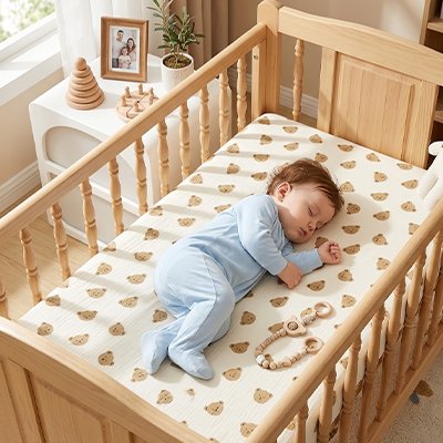 Drap housse tête d'ourson avec bambin assoupi dans le lit 