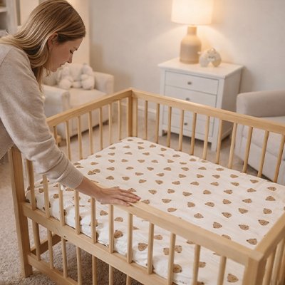 Drap housse tête d'ourson avec maman qui arrange 