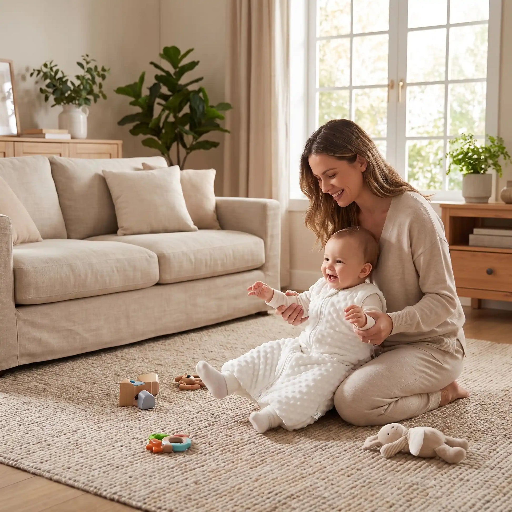 gigoteuse bebe blanc enfant le porte joue avec maman dans salon