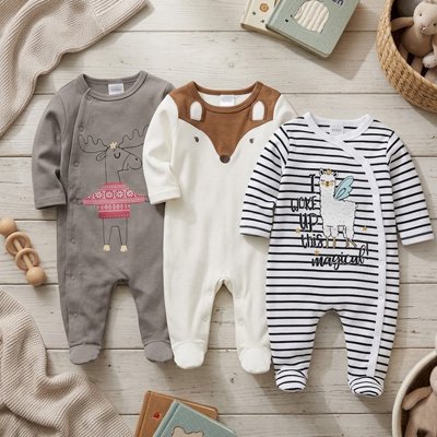 Grenouillère bébé lot 1 sur un plancher avec objets