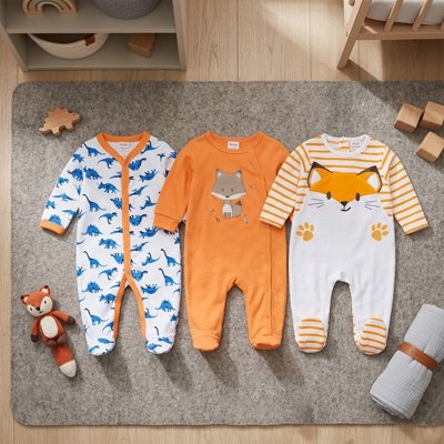 Grenouillère bébé lot 2 sur un tapis avec jouets 