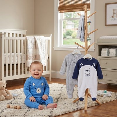 Grenouillère bébé lot 3 accrochés avec bébé à coté 