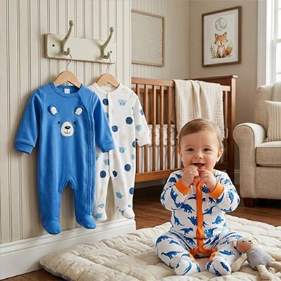 Grenouillere pour bebe lot 2 accrochés et sur nourrisson souriant 