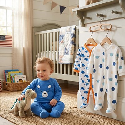 Grenouillere pour bebe lot 2 accrochés et sur nourisson qui joue
