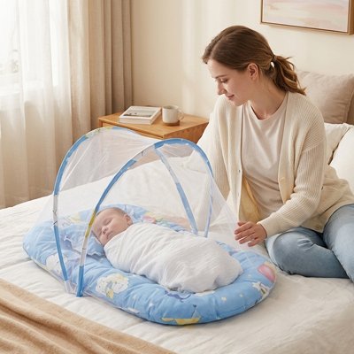 Lit moustiquaire bebe bleu maman se penche observant