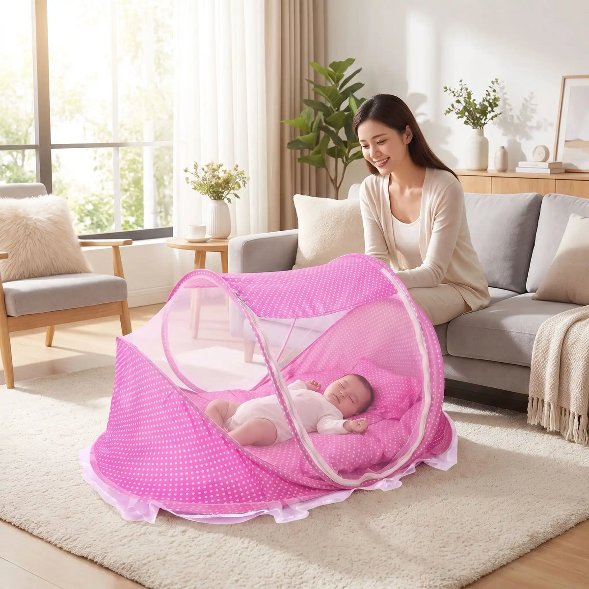 lit moustiquaire bébé dort au salon maman heureuse