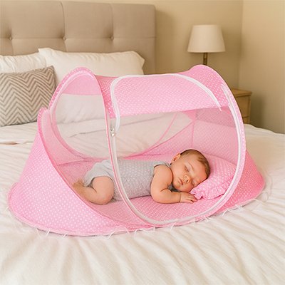 Lit moustiquaire bébé rose couche sur le ventre endormi