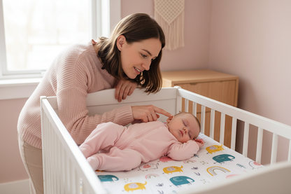 Maman et bébé fille en rose sur drap-housse éléphants