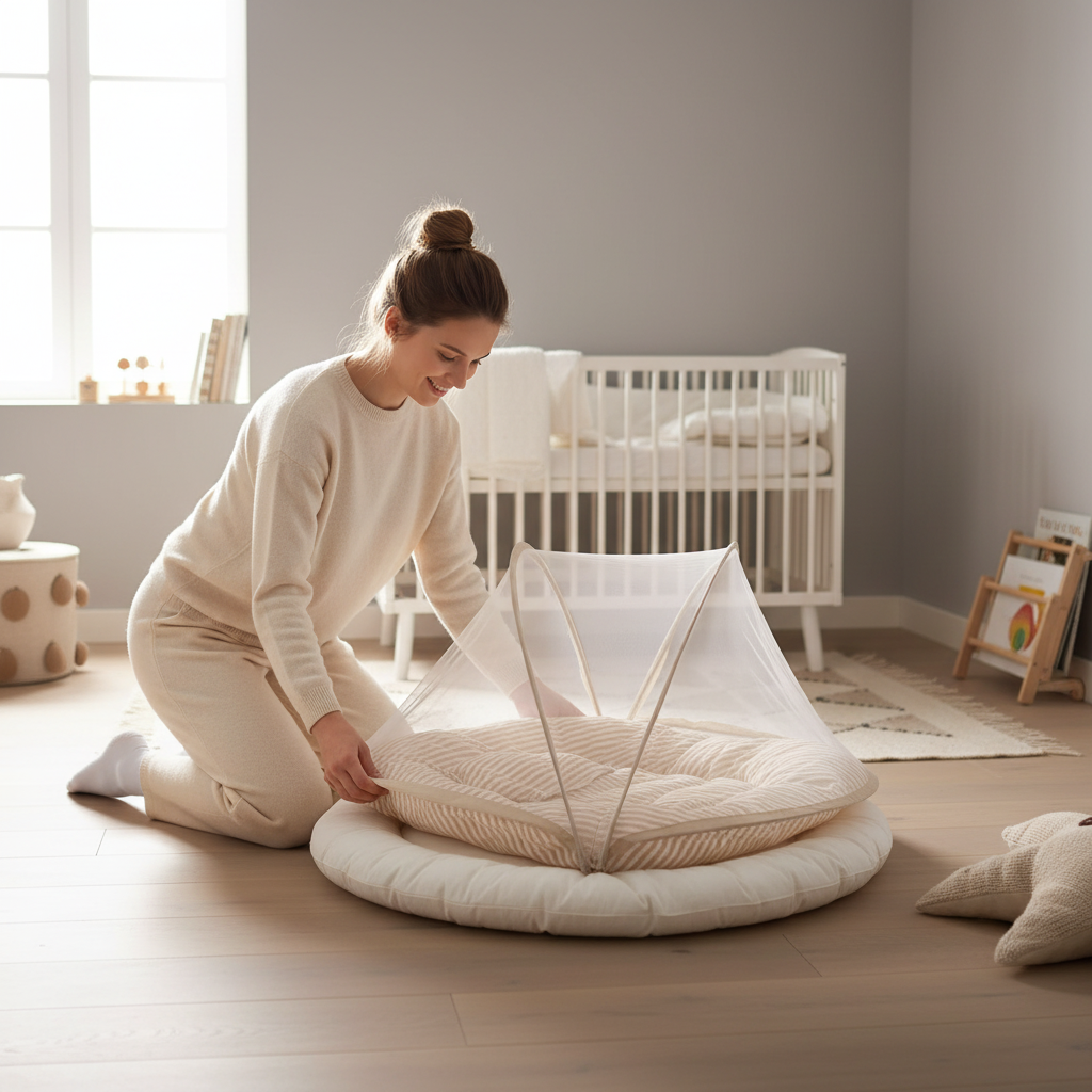 moustiquaire lit bébé beige maman installation chambre