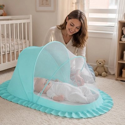 Moustiquaires lit bébé bleu abritant un nourrisson surveillé par sa maman