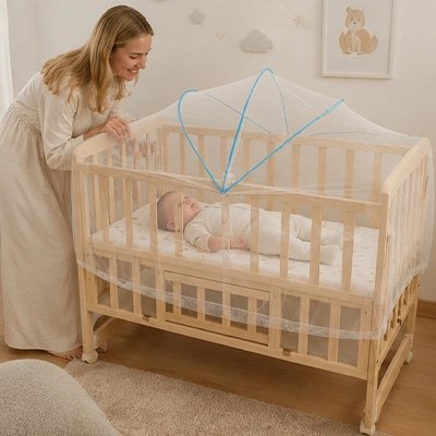 Moustiquaires lit bébé couvrant bambin éveillé admirer par sa mère