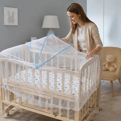 Moustiquaires lit bébé installée par  maman sur un berceau.