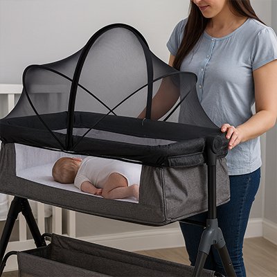 Moustiquaires lit bebe noir maman reste devant