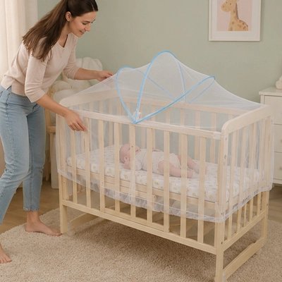 Moustiquaires lit bébé protégeant un nourrisson endormi dans son lit