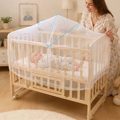 moustiquaires lit bébé tulle blanc protégeant un bambin éveillé.