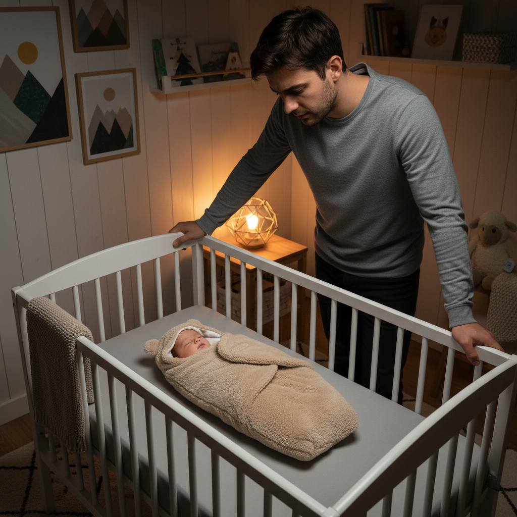 nid d'ange bébé papa inquiet berceau nuit kaki