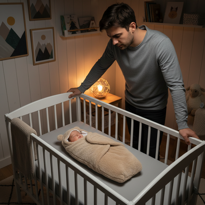 nid d'ange bébé papa inquiet berceau nuit kaki