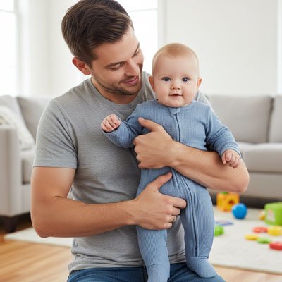 Pyjama bébé bleu porté par un tout-petit avec son père