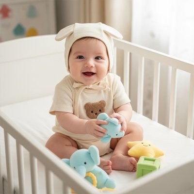 Pyjama bébé garçon beige avec bonnet à oreilles assis en souriant