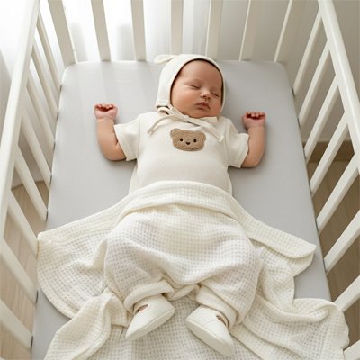 Pyjama bébé garçon beige  avec bonnet endormi dans un berceau