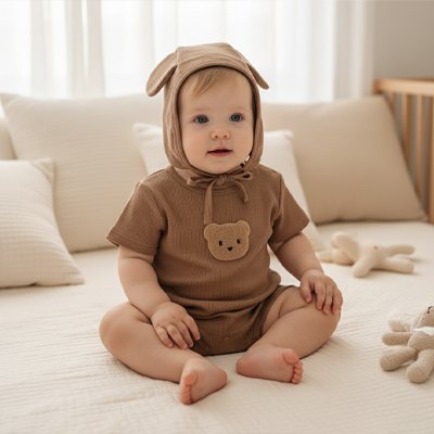 Pyjama bébé garçon chocolat avec bonnet à oreilles sur un lit