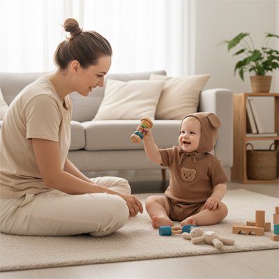 Pyjama bébé garçon chocolat avec bonnet jouant près de sa mère.