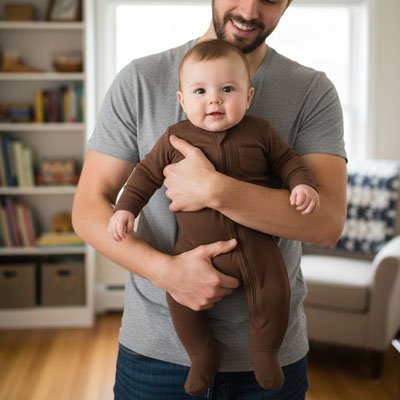 Pyjama bébé garçon marron avec fermeture éclair dans les bras d'un père souriant