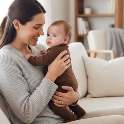 Pyjama bébé garçon marron en coton tenu dans les bras de sa mère sur canapé