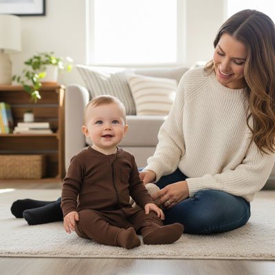 Pyjama bébé garçon marron porté par un enfant assis à côté de sa mère