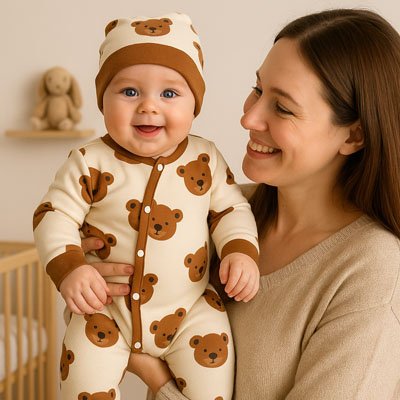 Pyjama bébé garçon motif ours en peluche avec sa maman