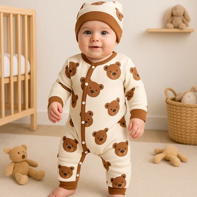 Pyjama bébé garçon motif ours en peluche près du lit.