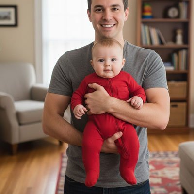 Pyjama bébé garçon rouge porté par un enfant avec son père