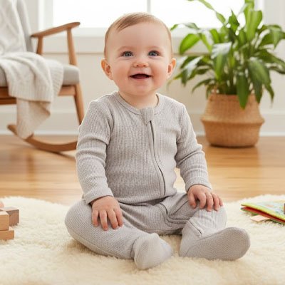 Pyjama bébé gris porté par un nourrisson souriant sur un tapis 