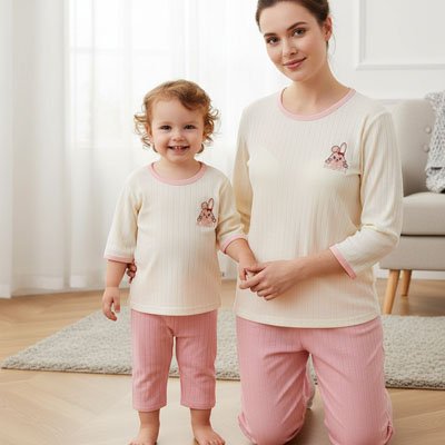 Pyjama bebe lapin rose assorti avec sa mère souriante