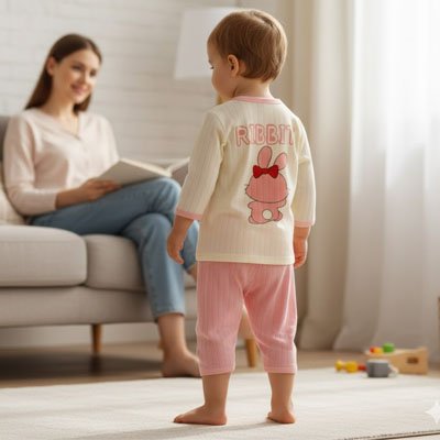 Pyjama bebe lapin rose de dos devant sa mère.