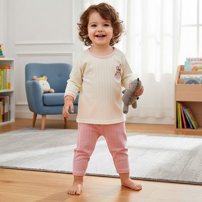Pyjama bebe lapin rose porté par enfant debout souriant
