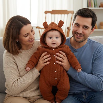 Pyjama bebe marron mamam et papa prennent enfant