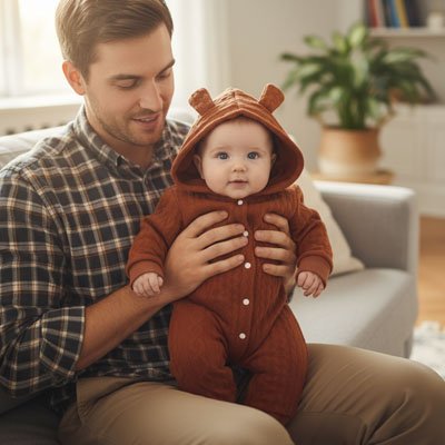 Pyjama bebe marron papa tient enfant