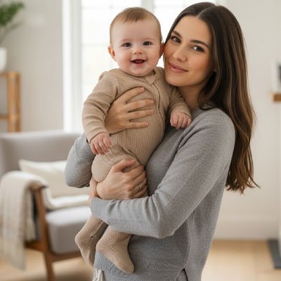 Pyjama bébé marron porté par un bambin avec sa mère