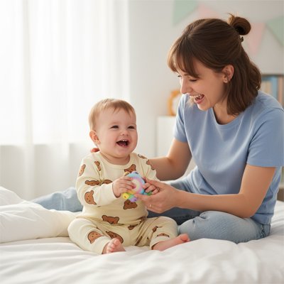 Pyjama bébé ours en peluche beige avec sa maman