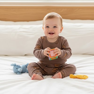 Pyjama bébé ours en peluche brun sur un enfant souriant