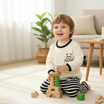 Pyjama bebe panda sur un enfant souriant assis au sol.