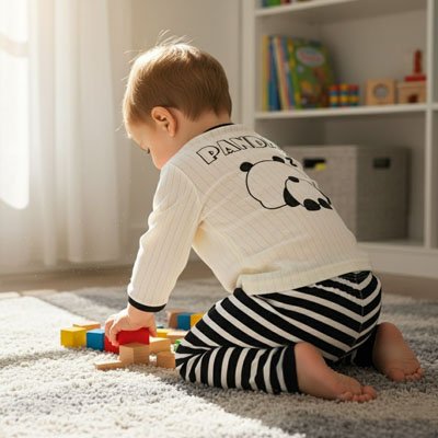 Pyjama bebe panda vu de dos sur un enfant à genoux.