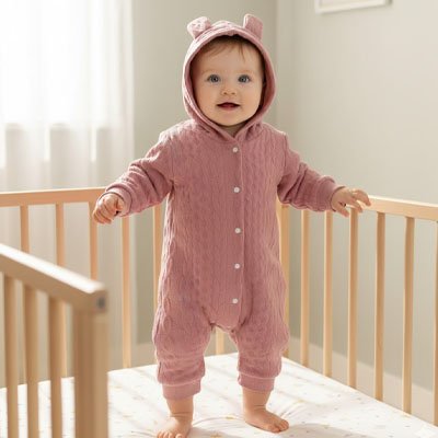 Pyjama bebe rose enfant debout sur le lit