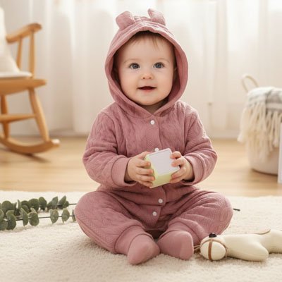 Pyjama bebe rose enfant joue avec cube