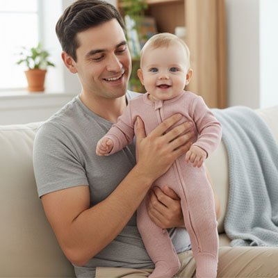 Pyjama bébé rose porté par un nourrisson dans les bras de son papa 