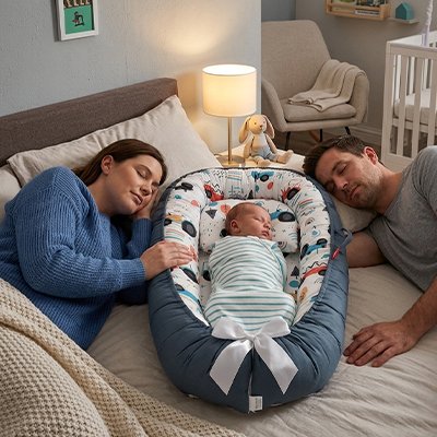 Réducteur de lit bébé fait une sieste avec maman et papa