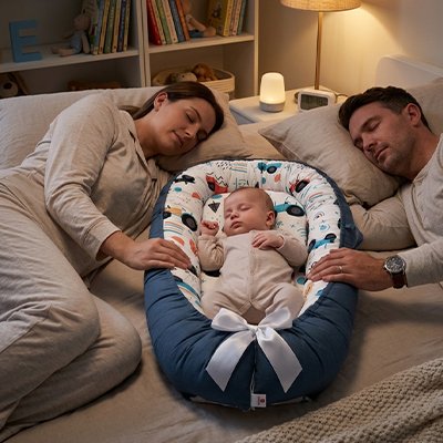 Réducteur de lit bébé papa et maman tiennent cocon endormant