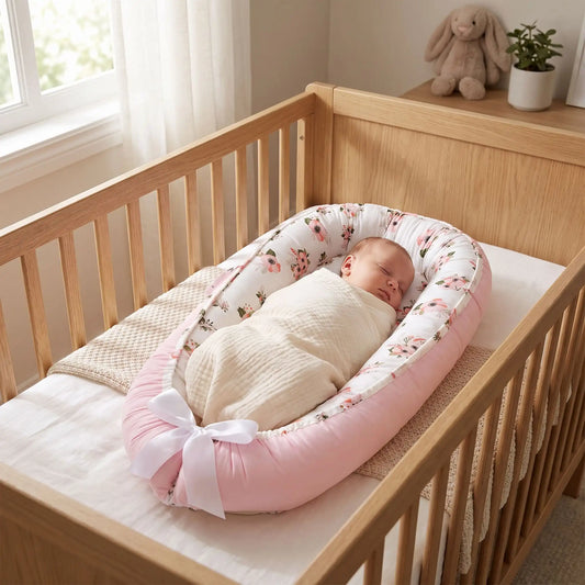 réducteur de lit bébé rose dort dans son berceau
