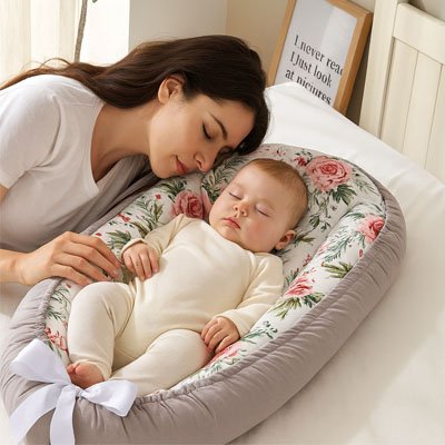 Reducteur de lit floral rose avec maman et bébé assoupi
